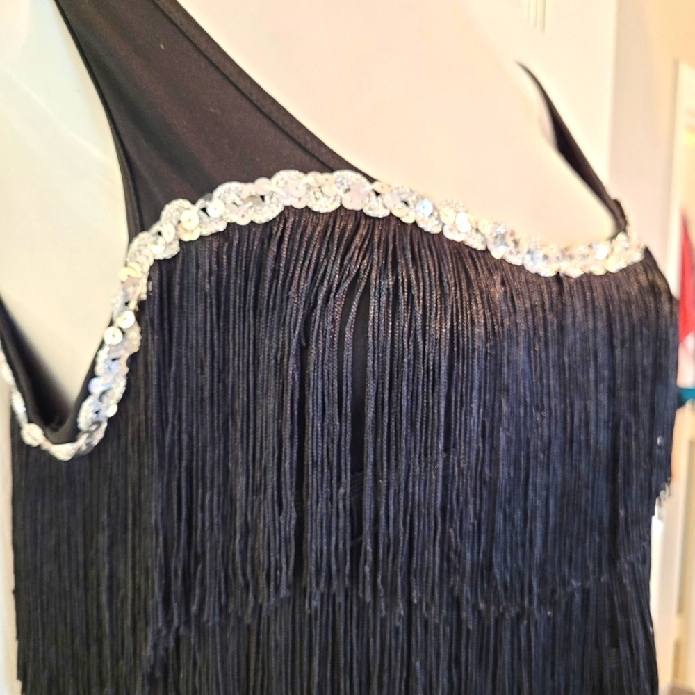 Tiered Fringe fancy scoop neck Dress Can Be Flapper Or Western, Black Sz Large - Picture 2 of 7